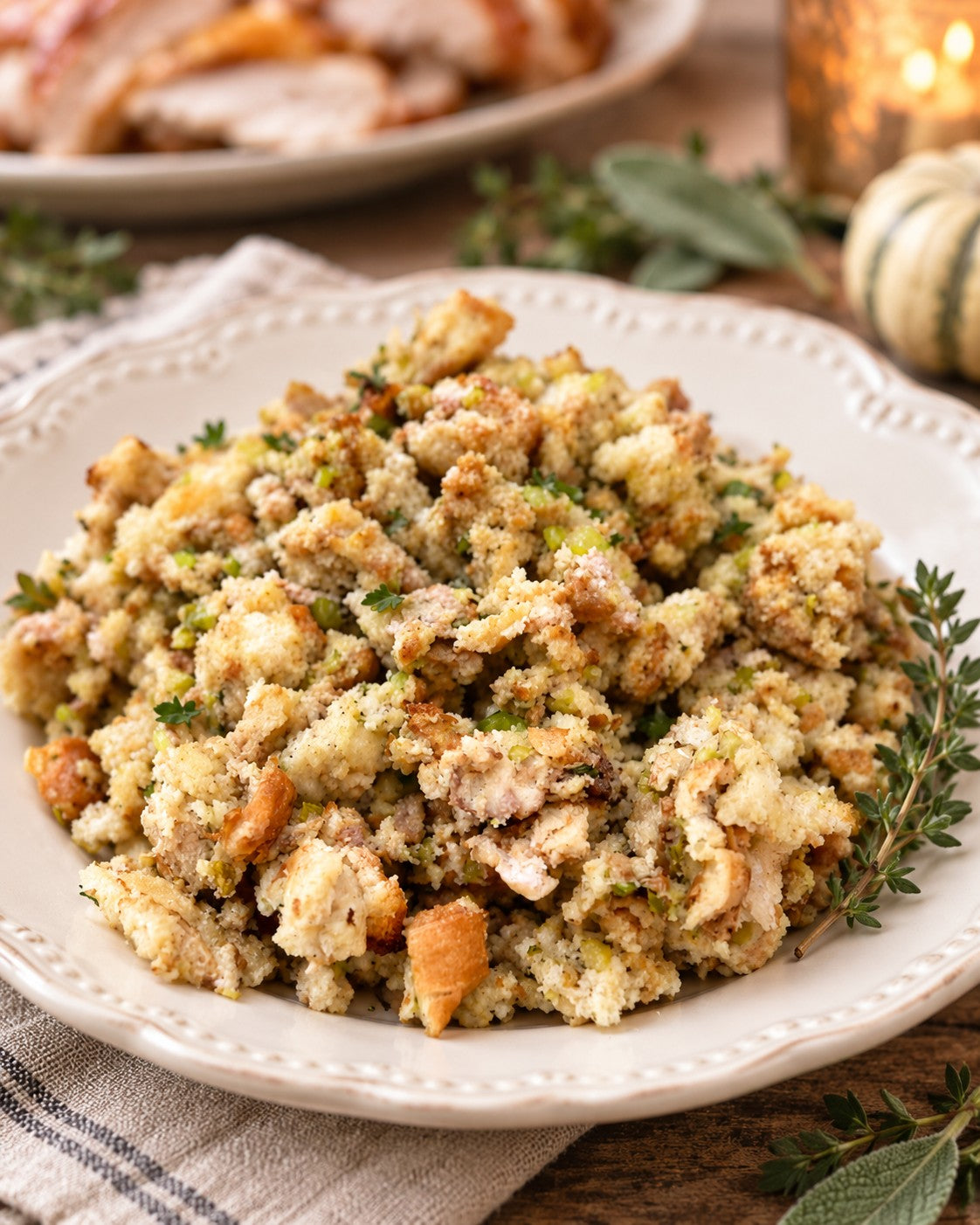 Terri's homemade bread stuffing with celery and herbs in a white dish