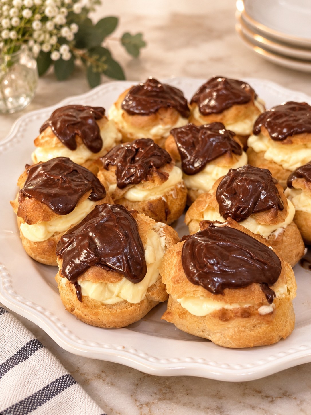 Chocolate-topped cream puff eclairs on a white plate