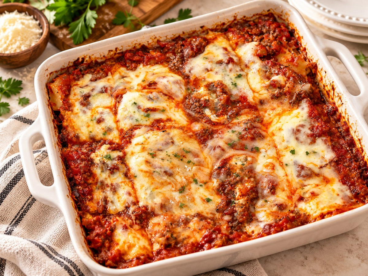 Baked lasagna in a white baking dish