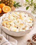 Terri's fruit salad with whipped cream in a white scalloped bowl