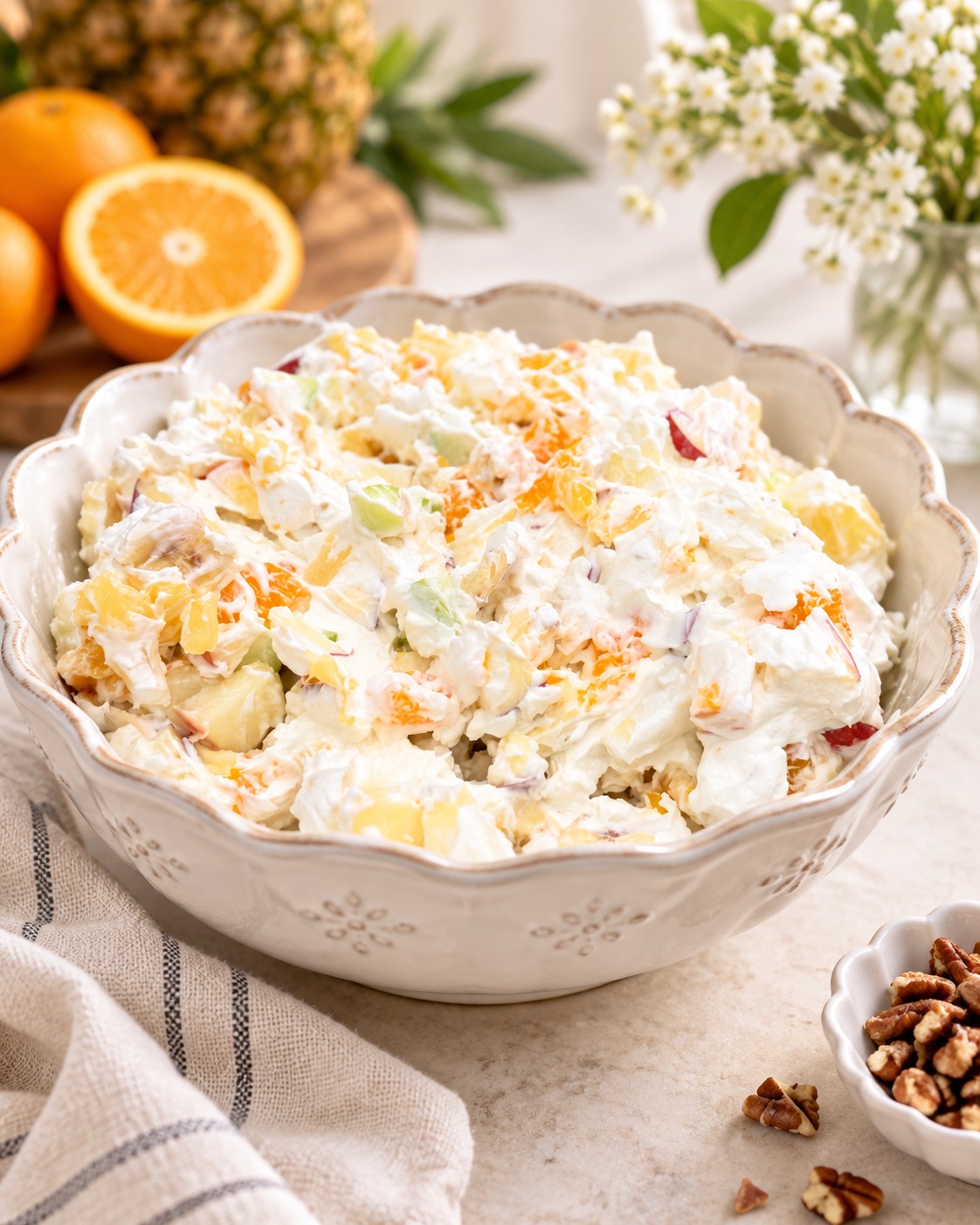 Terri's fruit salad with whipped cream in a white scalloped bowl