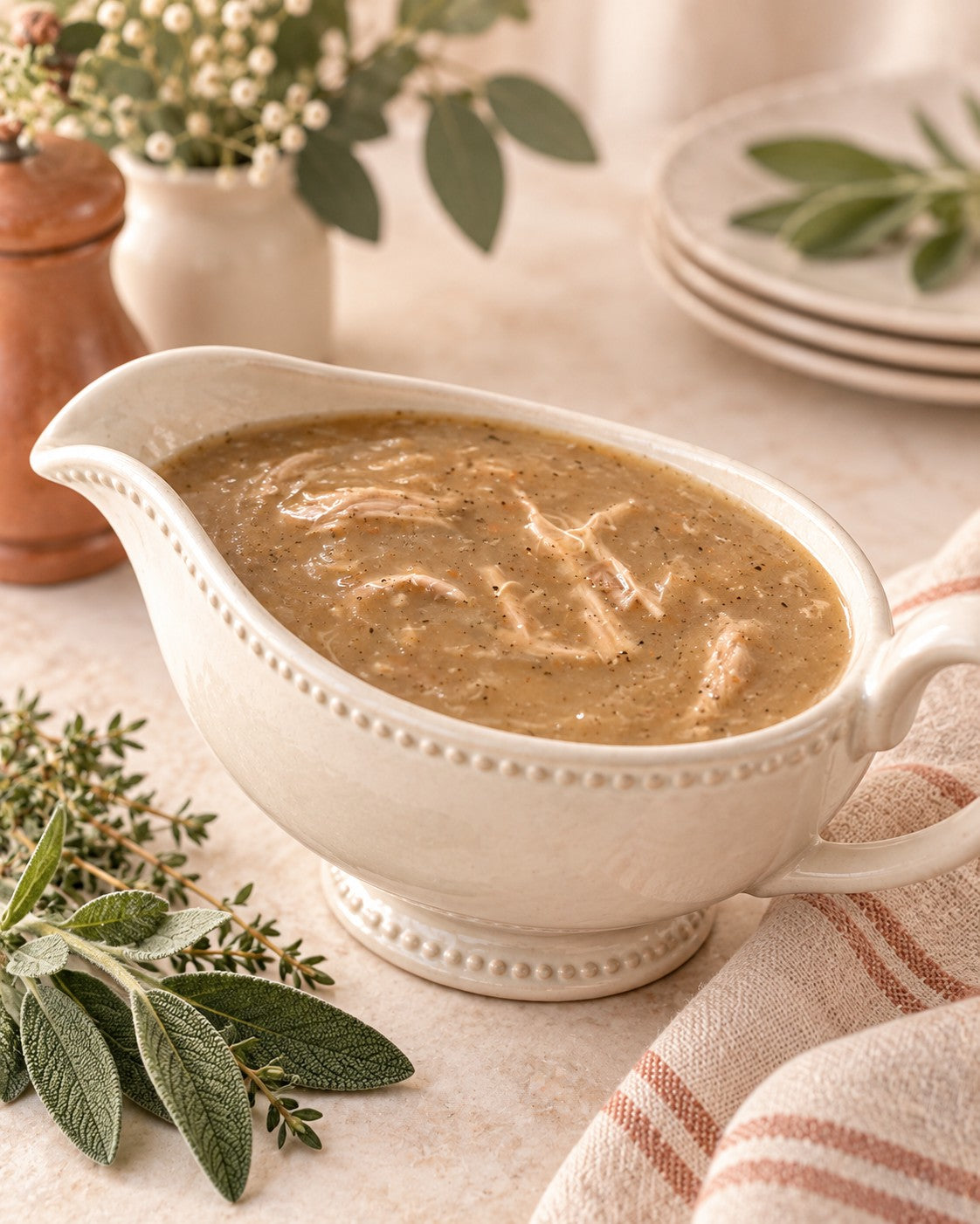 Terri's giblet gravy in a white gravy boat