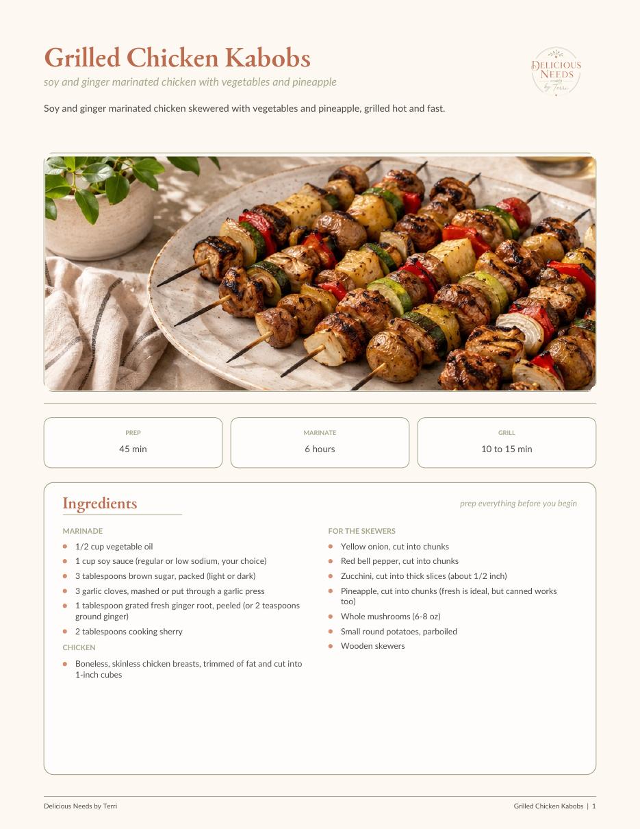 Page 1 of the Grilled Chicken Kabobs printable recipe PDF