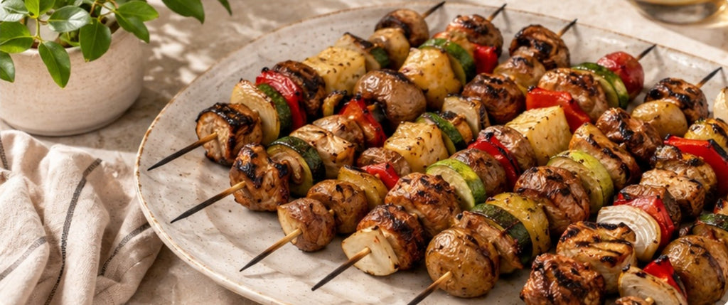 Grilled chicken kabobs with peppers, zucchini, pineapple and mushrooms on a platter