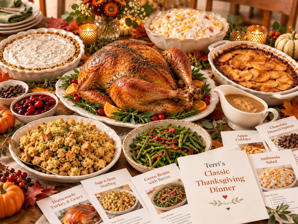 Terri's Classic Thanksgiving Dinner spread with printable recipe cards