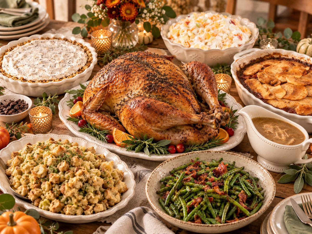 A Thanksgiving feast with roast turkey, stuffing, green beans, gravy and sides
