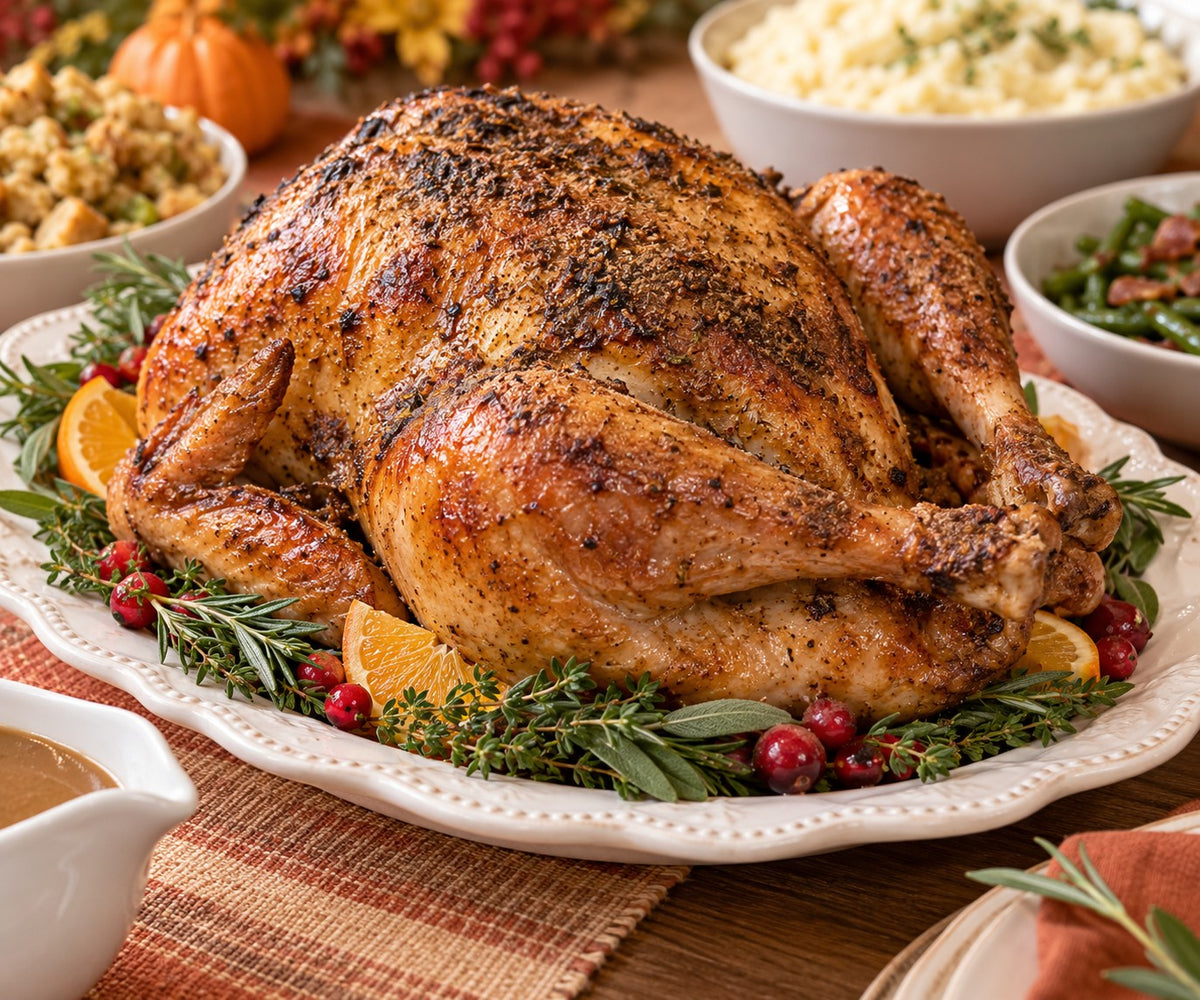 Terri's golden roasted Thanksgiving turkey on a platter with herbs, oranges and cranberries